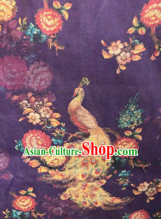 Asian Chinese Classical Peacock Pattern Design Purple Gambiered Guangdong Gauze Fabric Traditional Silk Material