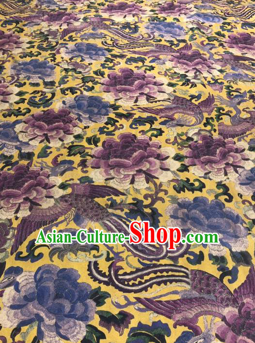 Asian Chinese Classical Phoenix Peony Pattern Design Yellow Gambiered Guangdong Gauze Fabric Traditional Silk Material