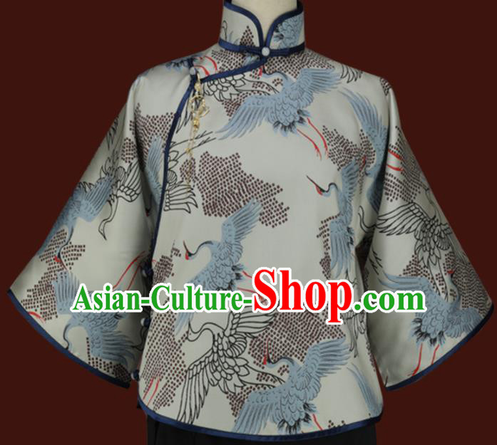 Traditional Chinese Tang Suit Printing Crane Blouse Cheongsam Upper Outer Garment for Women