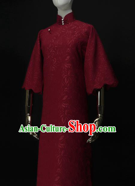 Chinese Traditional Wine Red Cheongsam Costume Republic of China Mandarin Qipao Dress for Women