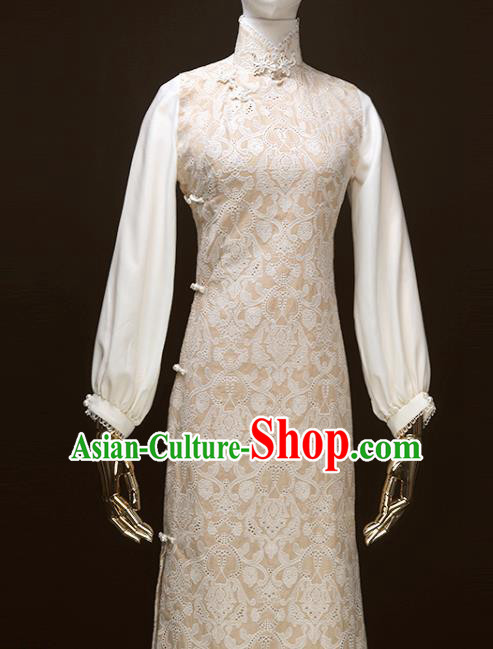 Chinese Traditional Embroidered Beige Cheongsam Costume Republic of China Mandarin Qipao Dress for Women