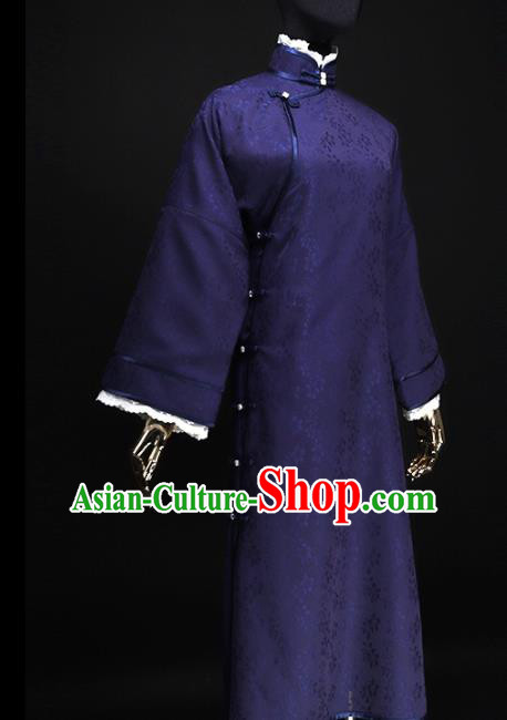 Chinese Traditional Deep Blue Silk Cheongsam Costume Republic of China Mandarin Qipao Dress for Women