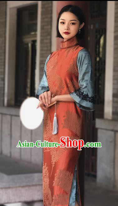 Chinese Traditional Orange Silk Cheongsam Costume Republic of China Mandarin Qipao Dress for Women