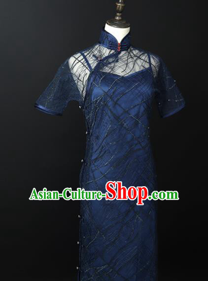 Chinese Traditional Blue Silk Cheongsam Costume Republic of China Mandarin Qipao Dress for Women