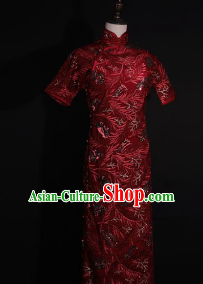 Chinese Traditional Purplish Red Cheongsam Costume Republic of China Mandarin Qipao Dress for Women