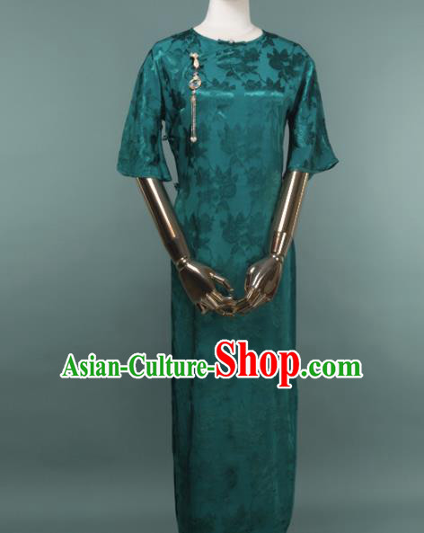 Chinese Traditional Deep Green Silk Cheongsam Costume Republic of China Mandarin Qipao Dress for Women