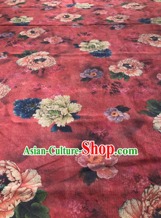 Asian Chinese Classical Peony Pattern Design Red Gambiered Guangdong Gauze Fabric Traditional Silk Material