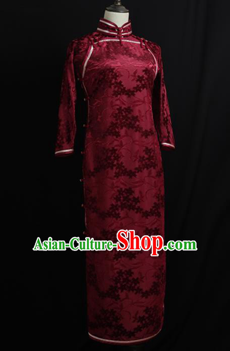 Chinese Traditional Wine Red Velvet Cheongsam Costume Republic of China Mandarin Qipao Dress for Women