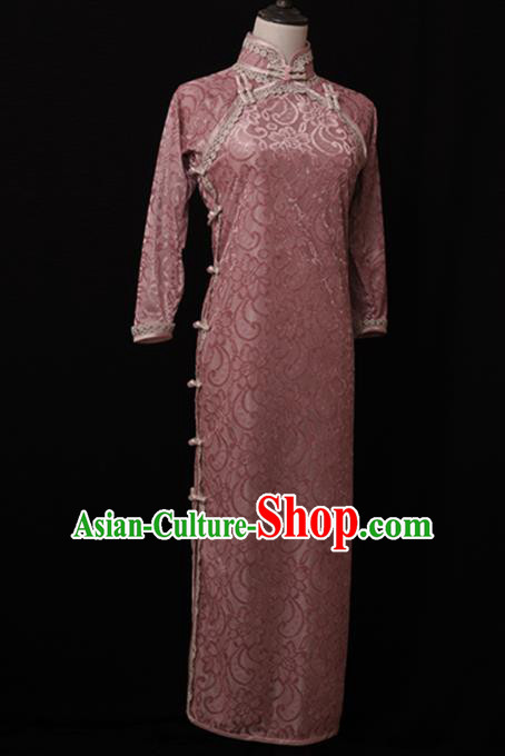 Chinese Traditional Deep Pink Velvet Cheongsam Costume Republic of China Mandarin Qipao Dress for Women