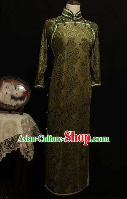 Chinese Traditional Olive Green Velvet Cheongsam Costume Republic of China Mandarin Qipao Dress for Women