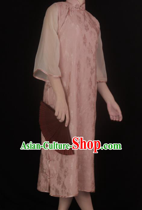 Chinese Traditional Pink Chiffon Cheongsam Costume Republic of China Mandarin Qipao Dress for Women