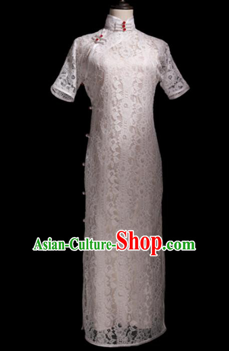 Chinese Traditional White Lace Cheongsam Costume Republic of China Mandarin Qipao Dress for Women