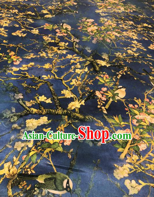 Asian Chinese Traditional Begonia Pattern Design Deep Blue Gambiered Guangdong Gauze Fabric Silk Material