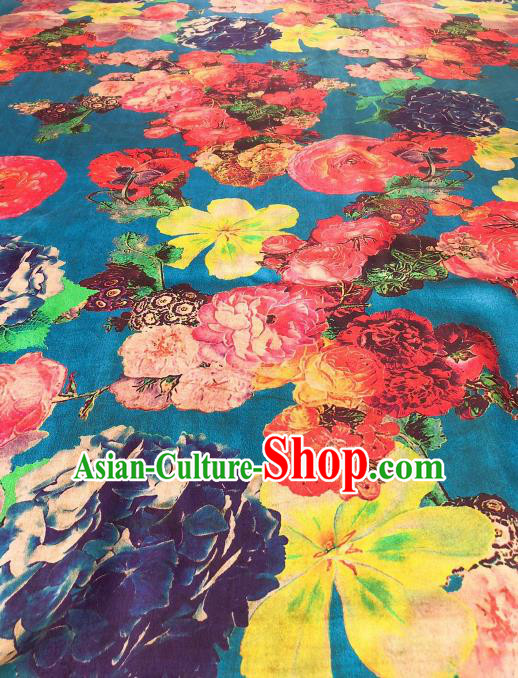 Asian Chinese Traditional Flowers Pattern Design Blue Gambiered Guangdong Gauze Fabric Silk Material