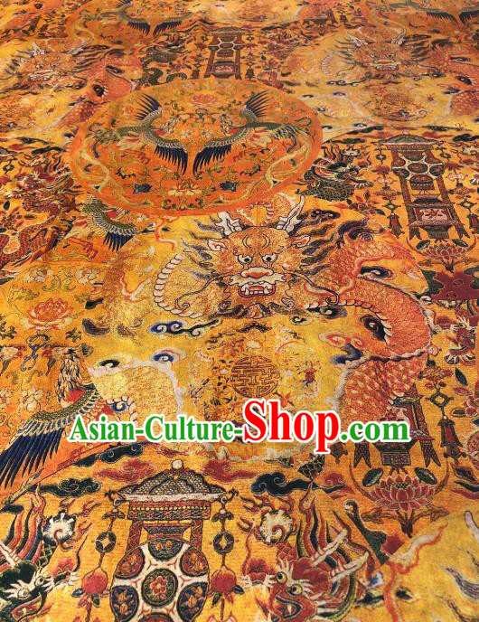 Asian Chinese Traditional Dragon Phoenix Pattern Design Golden Gambiered Guangdong Gauze Fabric Silk Material