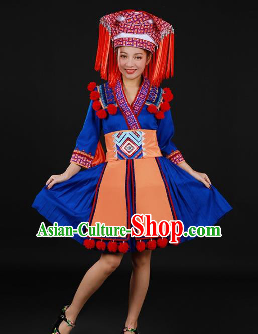 Chinese Traditional Yao Nationality Blue Short Dress Ethnic Minority Folk Dance Stage Show Costume for Women