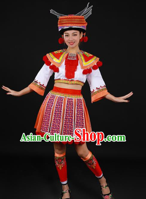 Chinese Traditional Yao Nationality White Blouse and Orange Short Skirt Ethnic Minority Folk Dance Stage Show Costume for Women