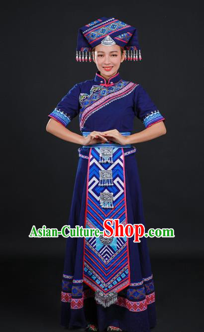 Chinese Traditional Zhuang Nationality Navy Long Dress Ethnic Minority Folk Dance Stage Show Costume for Women