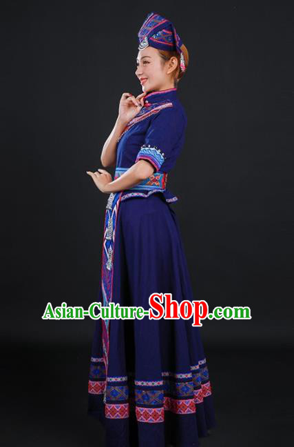 Chinese Traditional Zhuang Nationality Navy Long Dress Ethnic Minority Folk Dance Stage Show Costume for Women