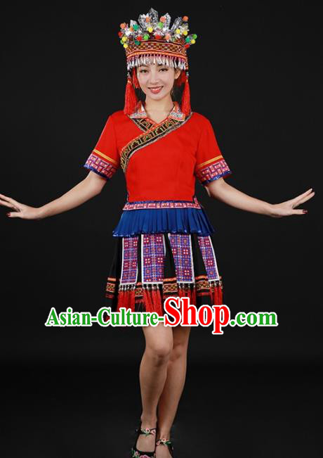 Chinese Traditional Yao Nationality Red Short Dress Ethnic Minority Folk Dance Stage Show Costume for Women