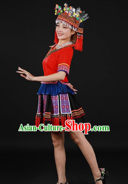 Chinese Traditional Yao Nationality Red Short Dress Ethnic Minority Folk Dance Stage Show Costume for Women