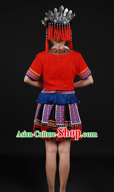 Chinese Traditional Yao Nationality Red Short Dress Ethnic Minority Folk Dance Stage Show Costume for Women