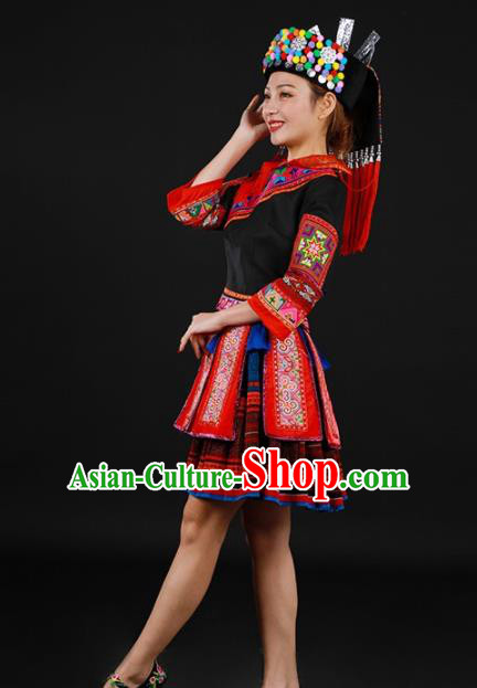 Chinese Traditional Yao Nationality Black Short Dress Ethnic Minority Folk Dance Stage Show Costume for Women