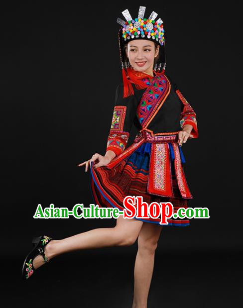 Chinese Traditional Yao Nationality Black Short Dress Ethnic Minority Folk Dance Stage Show Costume for Women