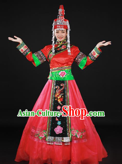 Chinese Traditional She Nationality Rosy Long Dress Ethnic Minority Folk Dance Stage Show Costume for Women