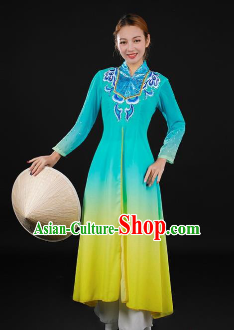 Chinese Traditional Jing Nationality Lake Blue Dress Ethnic Minority Folk Dance Stage Show Costume for Women