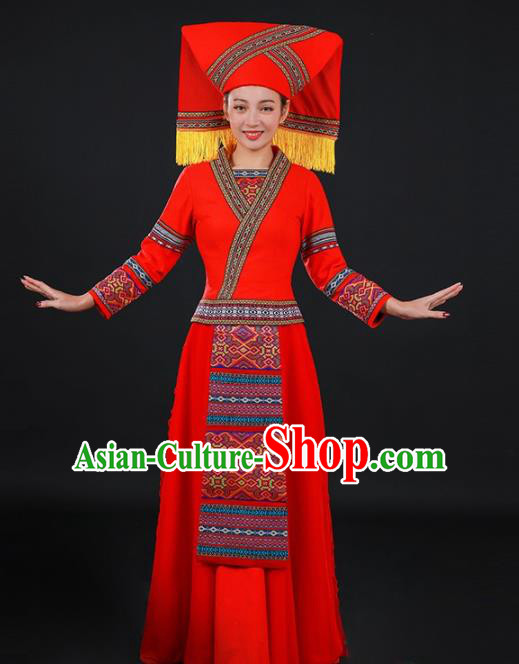 Chinese Traditional Zhuang Nationality Red Long Dress Ethnic Minority Folk Dance Stage Show Costume for Women