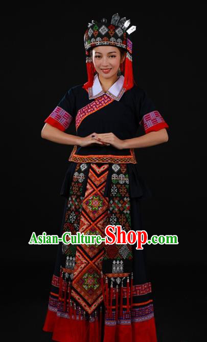 Chinese Traditional Yao Nationality Black Long Dress Ethnic Minority Folk Dance Stage Show Costume for Women