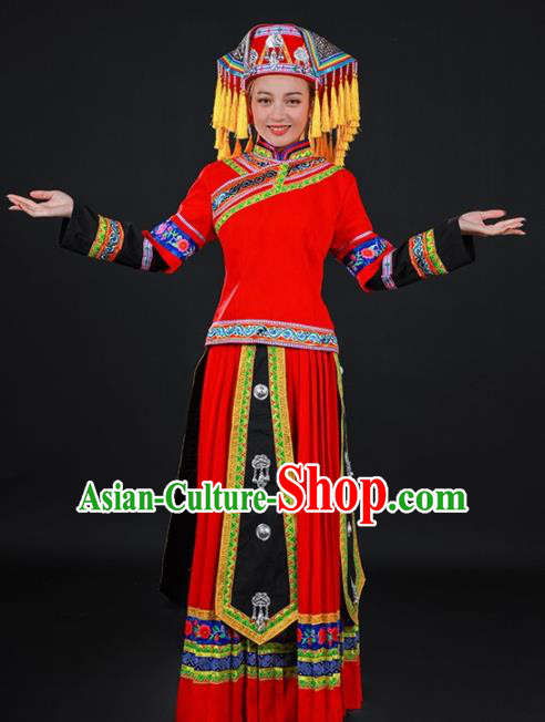 Chinese Traditional Yao Nationality Red Long Dress Ethnic Minority Folk Dance Stage Show Costume for Women