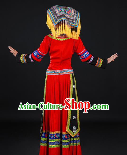 Chinese Traditional Yao Nationality Red Long Dress Ethnic Minority Folk Dance Stage Show Costume for Women
