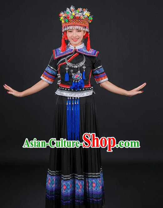 Chinese Traditional Yao Nationality Stage Show Black Long Dress Ethnic Minority Folk Dance Costume for Women