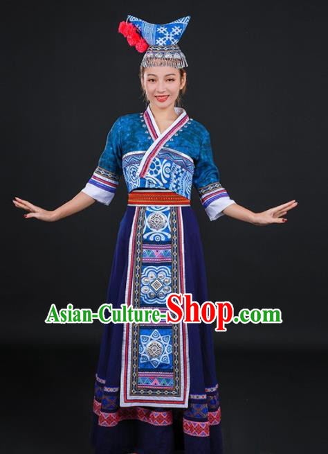 Chinese Traditional Dong Nationality Stage Show Navy Long Dress Ethnic Minority Folk Dance Costume for Women