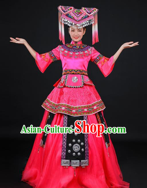 Chinese Traditional Zhuang Nationality Stage Show Embroidered Rosy Dress Ethnic Minority Folk Dance Costume for Women