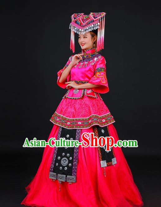 Chinese Traditional Zhuang Nationality Stage Show Embroidered Rosy Dress Ethnic Minority Folk Dance Costume for Women