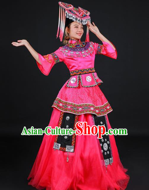 Chinese Traditional Zhuang Nationality Stage Show Embroidered Rosy Dress Ethnic Minority Folk Dance Costume for Women