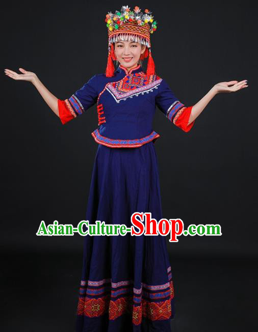 Chinese Traditional Miao Nationality Stage Show Navy Dress Ethnic Minority Folk Dance Costume for Women