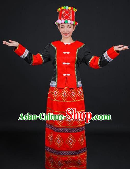 Chinese Traditional Jingpo Nationality Stage Show Red Dress Ethnic Minority Folk Dance Costume for Women