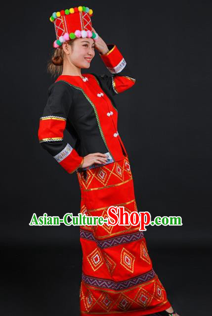 Chinese Traditional Jingpo Nationality Stage Show Red Dress Ethnic Minority Folk Dance Costume for Women