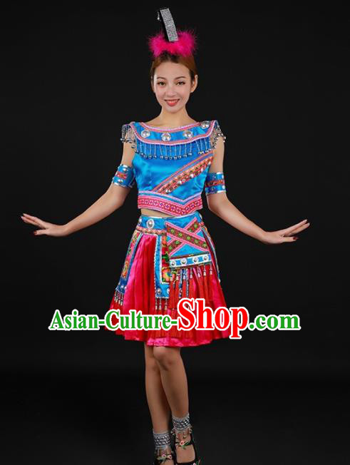 Chinese Traditional Miao Nationality Blue Blouse and Rosy Skirt Ethnic Minority Folk Dance Stage Show Costume for Women