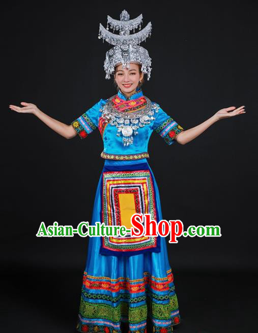 Chinese Traditional Shui Nationality Stage Show Blue Dress Ethnic Minority Folk Dance Costume for Women