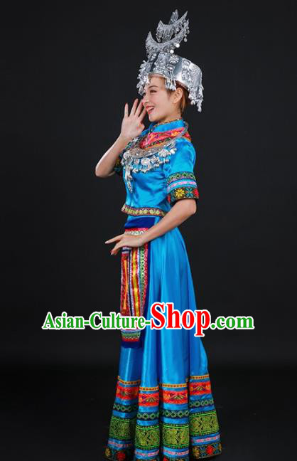 Chinese Traditional Shui Nationality Stage Show Blue Dress Ethnic Minority Folk Dance Costume for Women
