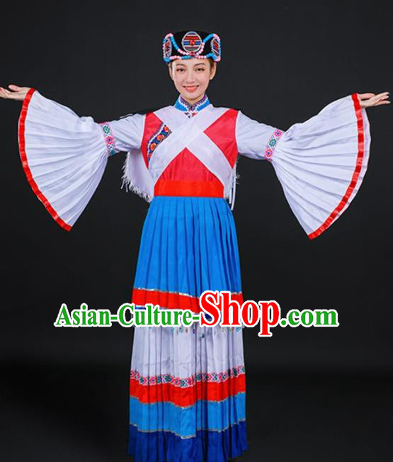 Chinese Traditional Lijiang Naxi Nationality Stage Show Blue Dress Ethnic Minority Folk Dance Costume for Women