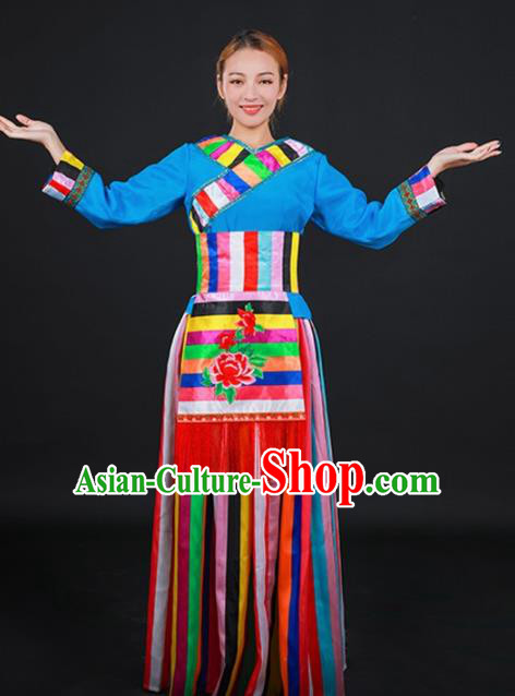 Chinese Traditional Moinba Nationality Stage Show Dress Ethnic Minority Folk Dance Costume for Women