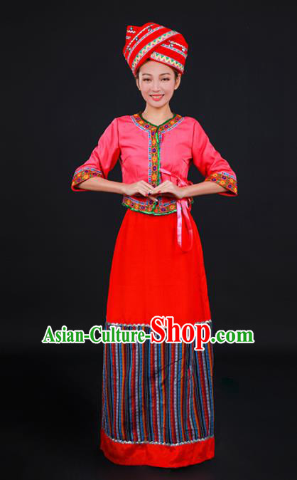 Chinese Traditional Blang Nationality Stage Show Red Dress Ethnic Minority Folk Dance Costume for Women