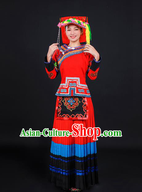 Chinese Traditional Yi Nationality Stage Show Red Dress Ethnic Minority Folk Dance Costume for Women
