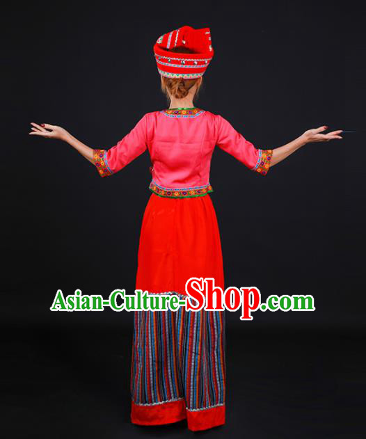 Chinese Traditional Blang Nationality Stage Show Red Dress Ethnic Minority Folk Dance Costume for Women